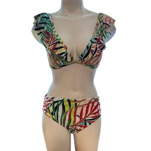New Kenneth Cole Women's Two Piece Bikini Small Colorful Leafprint Ruffle